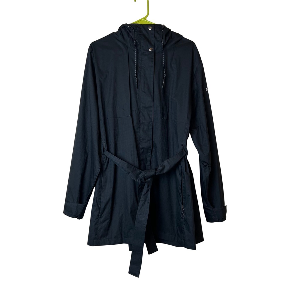 Columbia Womens Black Hooded Belted Trench Coat Rain Jacket Outdoors Plus 1X